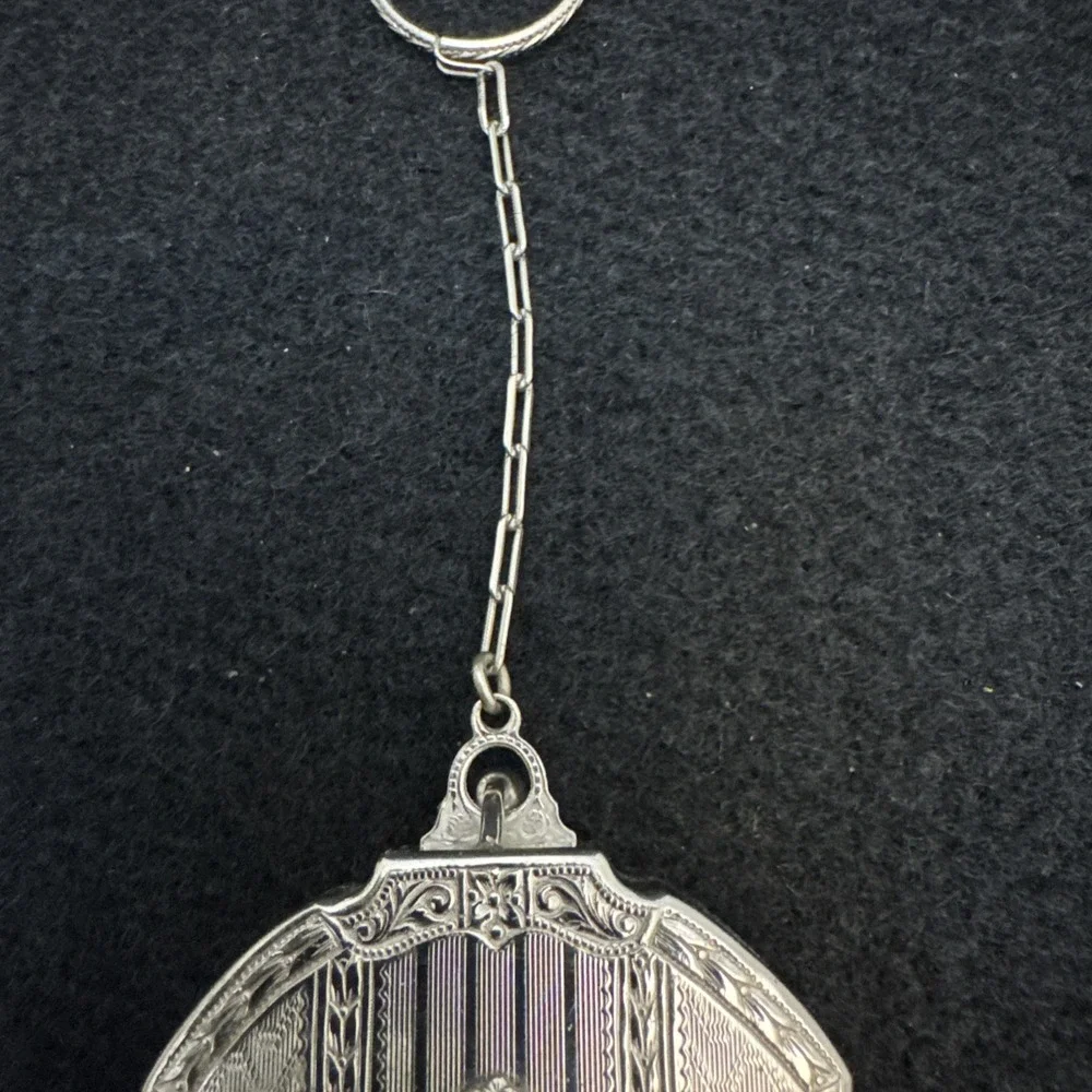 Antique Art Deco Silver Blue Guilloche Enamel Fob Chain Puff Dance Compact